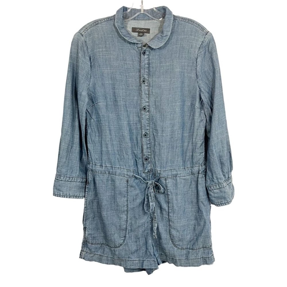 Level 99 Chambray Long Sleeve Romper Lyocell Linen Peter Pan Collar - Size XS